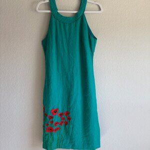 Salma Sleeveless Linen A-line Dress Medium Green Floral Embroidery Classic Lux